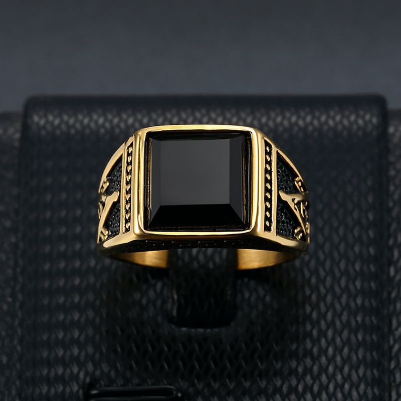 Europe and America Cross Border Hot Sale Classic Retro Ring Titanium Steel Color-Retaining Gold Plated Black Agate Masonic AG Men's Ring Europe and America Cross Border Hot Sale Classic Retro Ring Titanium Steel Color-Retaining Gold Plated Black Agate Masonic AG Men's Ring