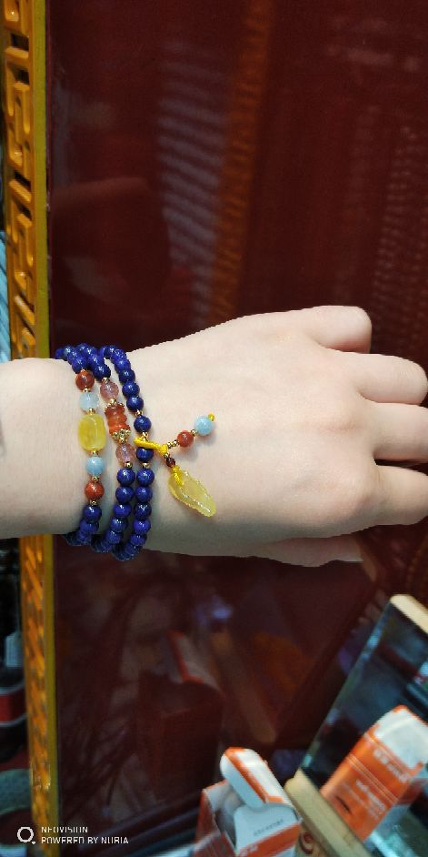 Three rings natural lapis lazuli bracelet with raw mineral wax pendant Three rings natural lapis lazuli bracelet with raw mineral wax pendant