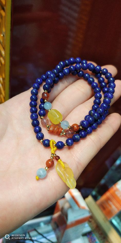 Three rings natural lapis lazuli bracelet with raw mineral wax pendant Three rings natural lapis lazuli bracelet with raw mineral wax pendant