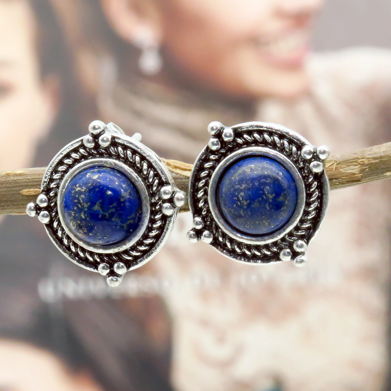 Rongyu wish new vintage Thai silver natural lapis lazuli earrings European and American fashion inlaid pearl earrings