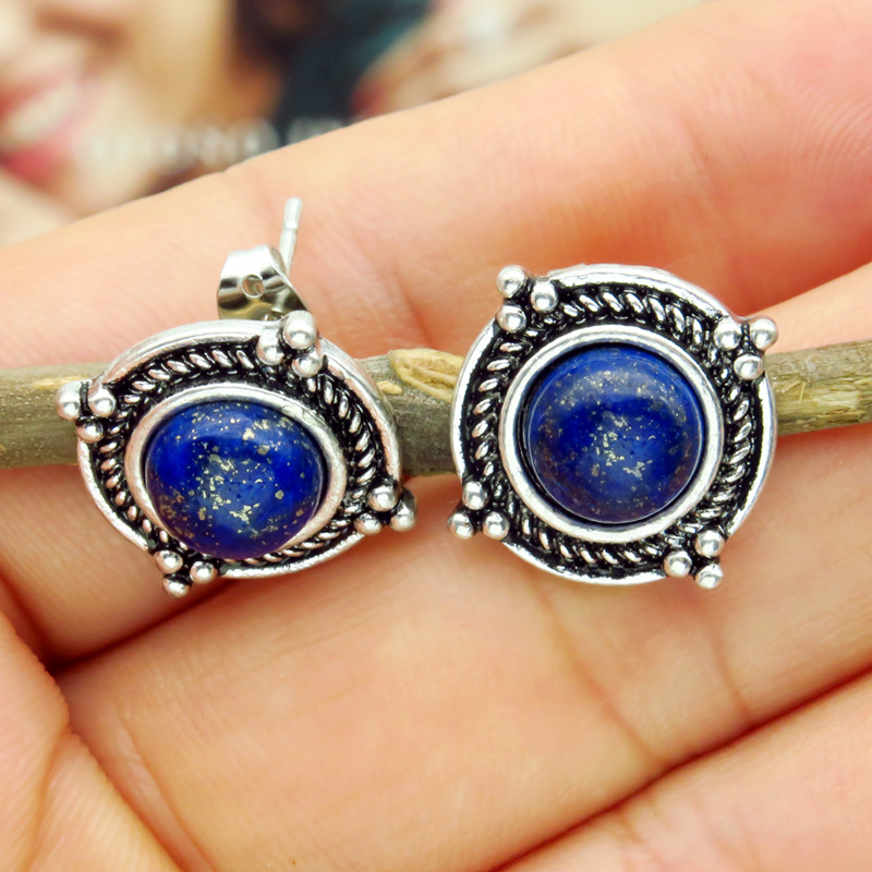 Rongyu wish new vintage Thai silver natural lapis lazuli earrings European and American fashion inlaid pearl earrings