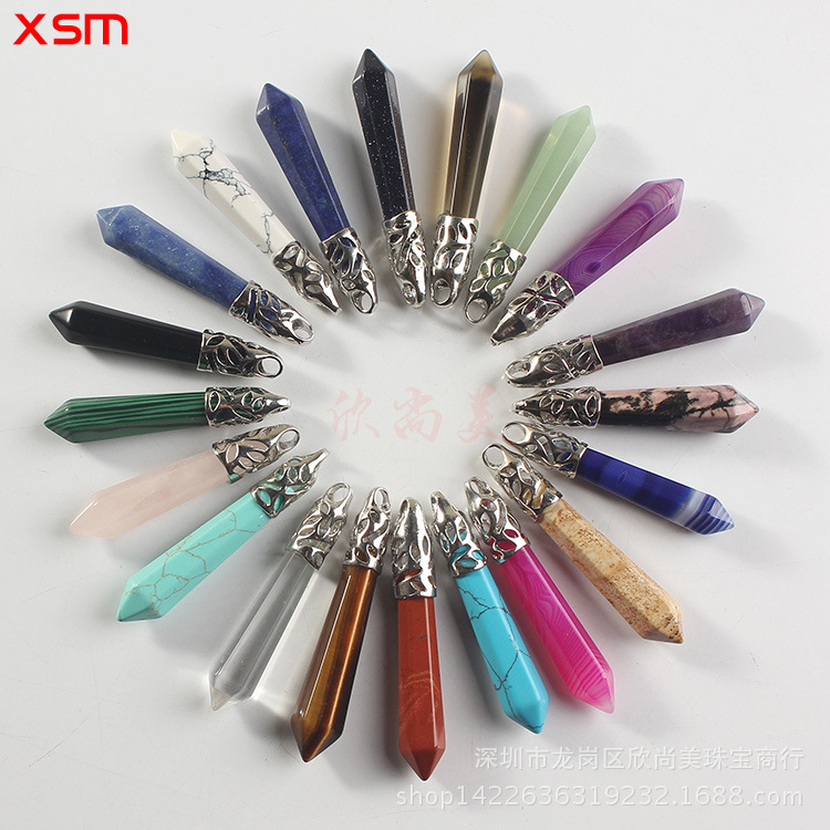 Natural Stone Crystal Hexagon Prism Pendant Necklace Female Lapis Lazuli Pendant Couple Sweater Chain Necklace European and American Supply
