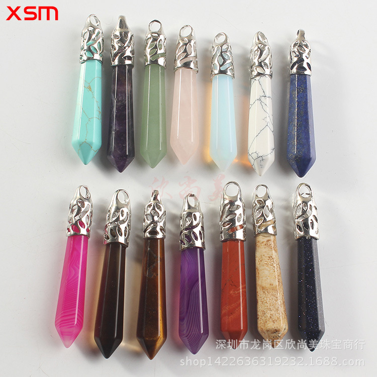 Natural Stone Crystal Hexagon Prism Pendant Necklace Female Lapis Lazuli Pendant Couple Sweater Chain Necklace European and American Supply