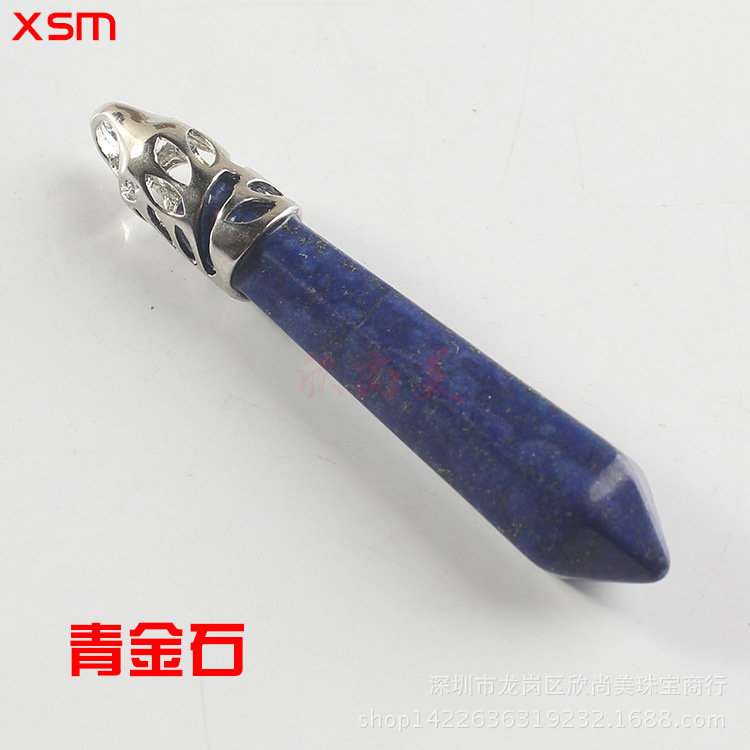 Natural Stone Crystal Hexagon Prism Pendant Necklace Female Lapis Lazuli Pendant Couple Sweater Chain Necklace European and American Supply