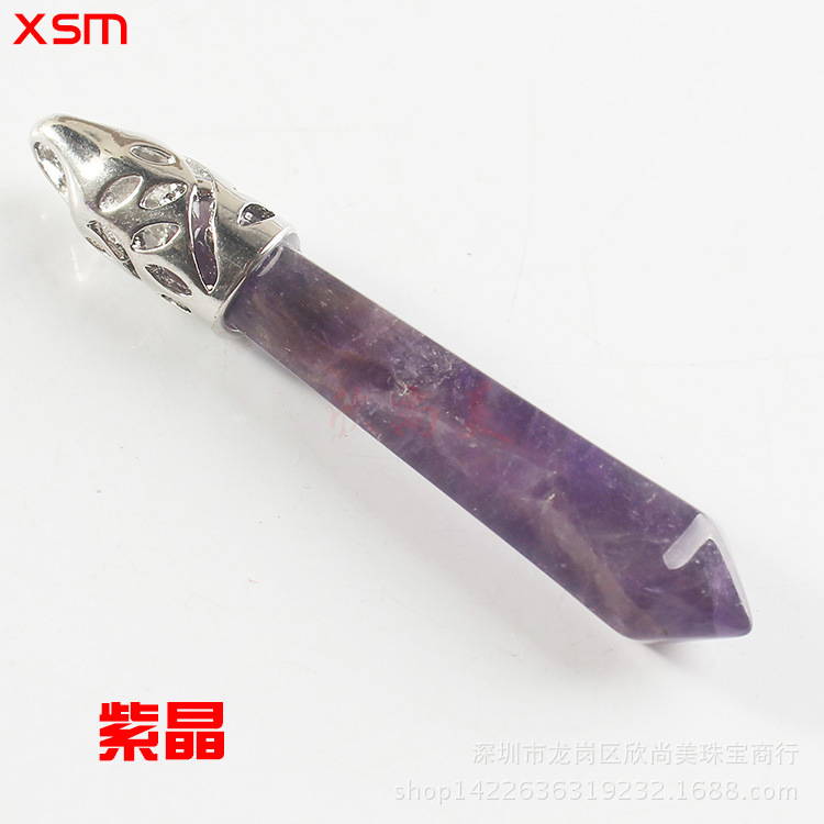 Natural Stone Crystal Hexagon Prism Pendant Necklace Female Lapis Lazuli Pendant Couple Sweater Chain Necklace European and American Supply