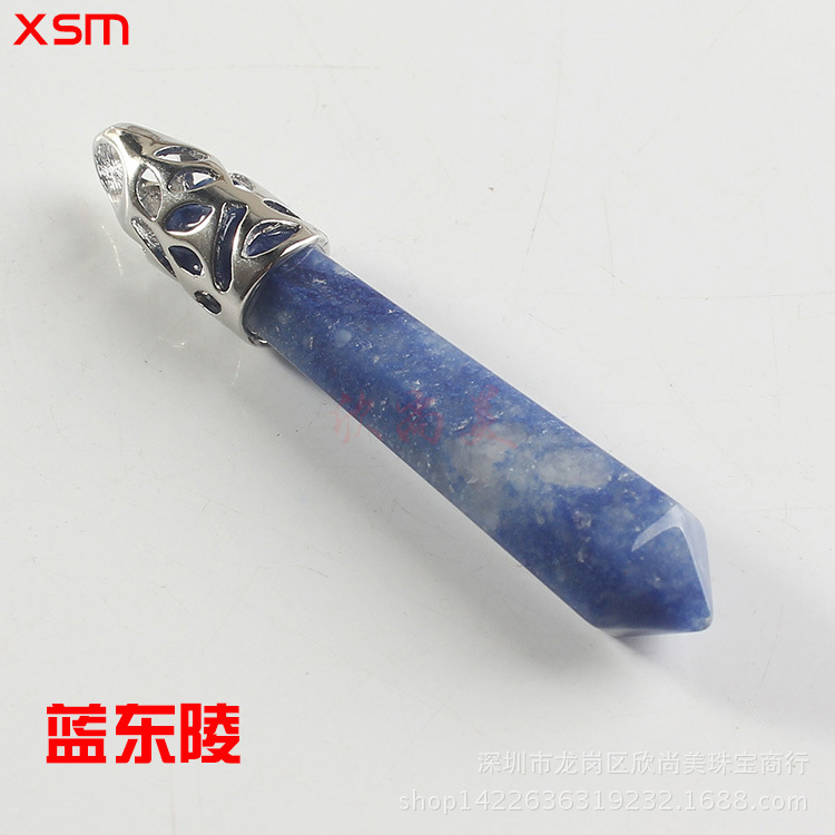 Natural Stone Crystal Hexagon Prism Pendant Necklace Female Lapis Lazuli Pendant Couple Sweater Chain Necklace European and American Supply