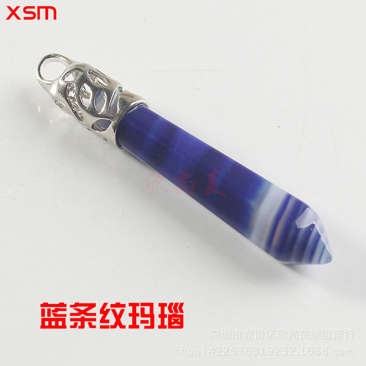 Natural Stone Crystal Hexagon Prism Pendant Necklace Female Lapis Lazuli Pendant Couple Sweater Chain Necklace European and American Supply