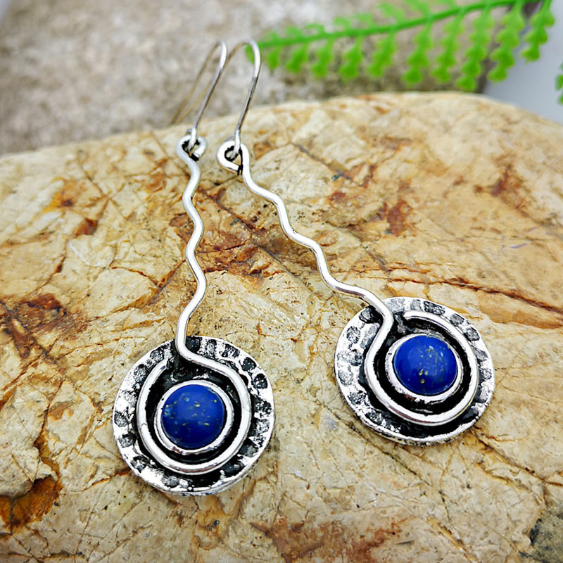 Yung yu wish hot style plated 925 vintage Thai silver hand-bent silk pendant set with blue lapis lazuli creative earrings Yung yu wish hot style plated 925 vintage Thai silver hand-bent silk pendant set with blue lapis lazuli creative earrings