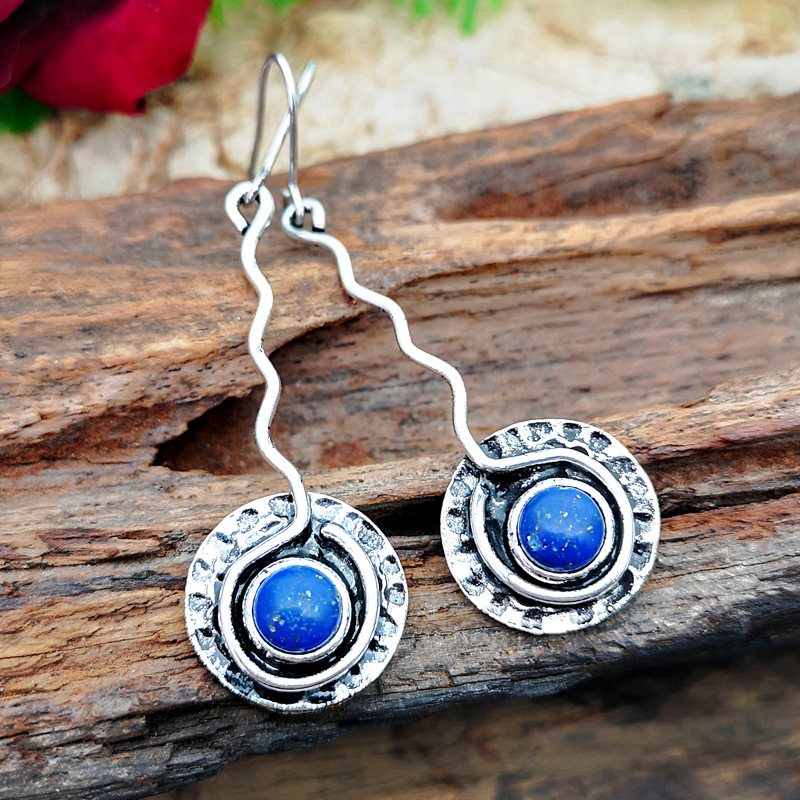 Yung yu wish hot style plated 925 vintage Thai silver hand-bent silk pendant set with blue lapis lazuli creative earrings Yung yu wish hot style plated 925 vintage Thai silver hand-bent silk pendant set with blue lapis lazuli creative earrings