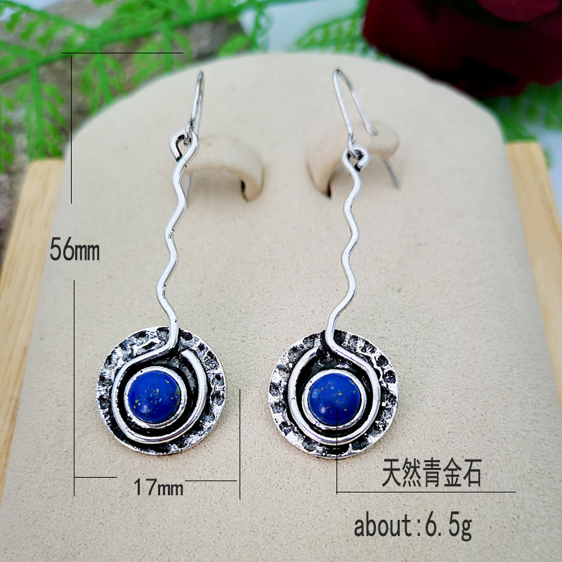 Yung yu wish hot style plated 925 vintage Thai silver hand-bent silk pendant set with blue lapis lazuli creative earrings Yung yu wish hot style plated 925 vintage Thai silver hand-bent silk pendant set with blue lapis lazuli creative earrings