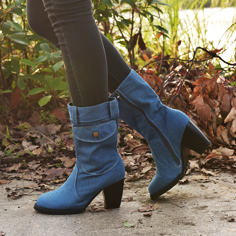 2020 Giant Ti Whole Independent Station Wish Foreign Trade Large Size High Heel Denim Tube Women&#039;s Boots