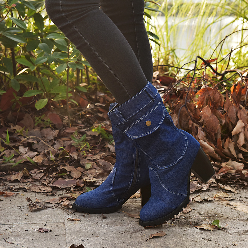 2020 Giant Ti Whole Independent Station Wish Foreign Trade Large Size High Heel Denim Tube Women&#039;s Boots