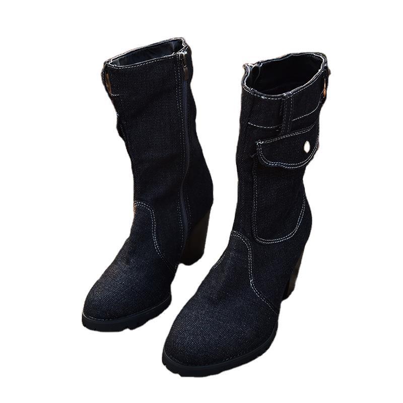 2020 Giant Ti Whole Independent Station Wish Foreign Trade Large Size High Heel Denim Tube Women&#039;s Boots