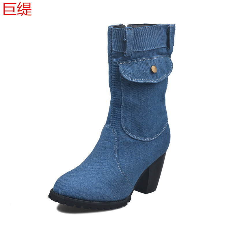 2020 Giant Ti Whole Independent Station Wish Foreign Trade Large Size High Heel Denim Tube Women's Boots 2020 Giant Ti Whole Independent Station Wish Foreign Trade Large Size High Heel Denim Tube Women's Boots
