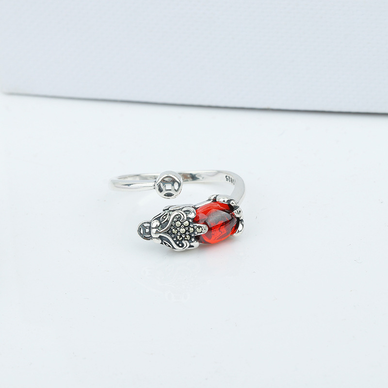 S925 Sterling Silver Pi Xiu Ring Female Fortune Lucky Vintage Ethnic Style Inlaid Garnet Ring Opening Hand Jewelry