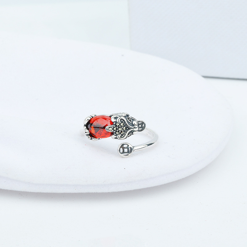 S925 Sterling Silver Pi Xiu Ring Female Fortune Lucky Vintage Ethnic Style Inlaid Garnet Ring Opening Hand Jewelry S925 Sterling Silver Pi Xiu Ring Female Fortune Lucky Vintage Ethnic Style Inlaid Garnet Ring Opening Hand Jewelry