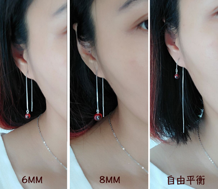 925 Sterling Silver Ear Lines Earrings Garnet Red Crystal Stud Earrings Women&#039;s Long Tassel Earrings Internet Celebrity Korean Anti-Allergy