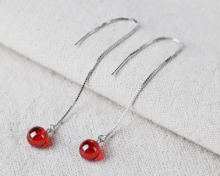 925 Sterling Silver Ear Lines Earrings Garnet Red Crystal Stud Earrings Women&#039;s Long Tassel Earrings Internet Celebrity Korean Anti-Allergy