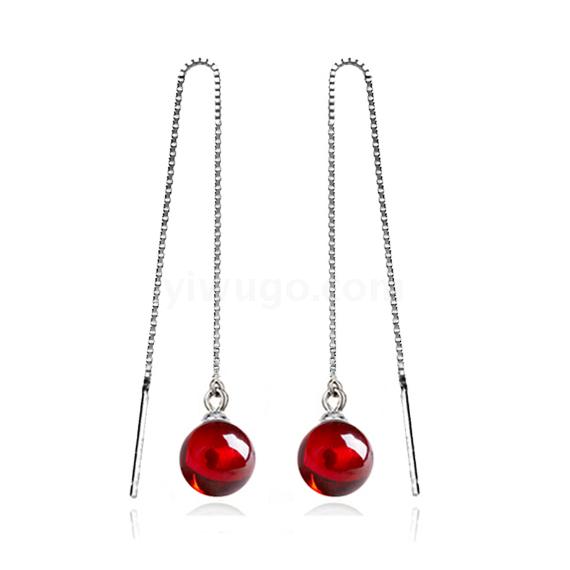 925 Sterling Silver Ear Lines Earrings Garnet Red Crystal Stud Earrings Women's Long Tassel Earrings Internet Celebrity Korean Anti-Allergy 925 Sterling Silver Ear Lines Earrings Garnet Red Crystal Stud Earrings Women's Long Tassel Earrings Internet Celebrity Korean Anti-Allergy