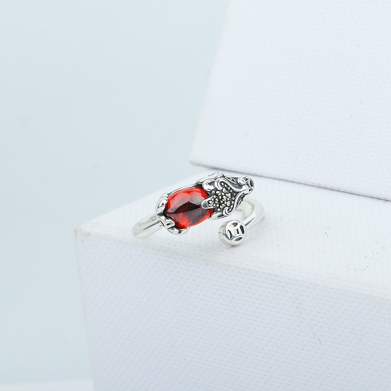 S925 Sterling Silver Pi Xiu Ring Female Fortune Lucky Vintage Ethnic Style Inlaid Garnet Ring Opening Hand Jewelry