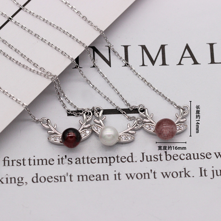 S925 pure silver platinum-plated strawberry crystal garnet elk necklace simple and versatile fashion valentine's day gift from Japan and Korea S925 pure silver platinum-plated strawberry crystal garnet elk necklace simple and versatile fashion valentine's day gift from Japan and Korea