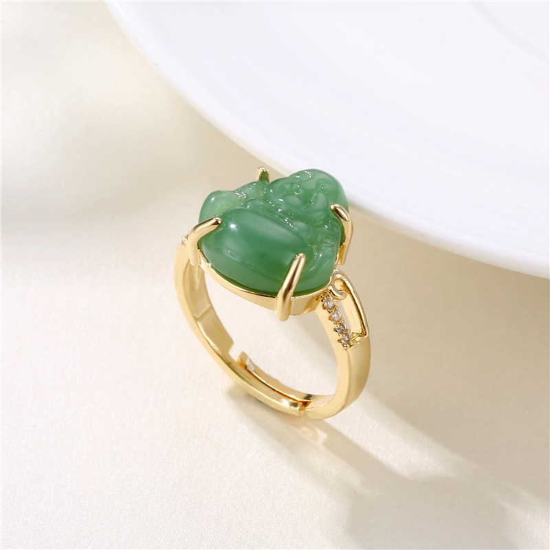 Amazon Maitreya Buddha Ring Copper Plating 18K Gold Inlaid with Jade Rings One Size Open Ring Buddha Bracelet for Women
