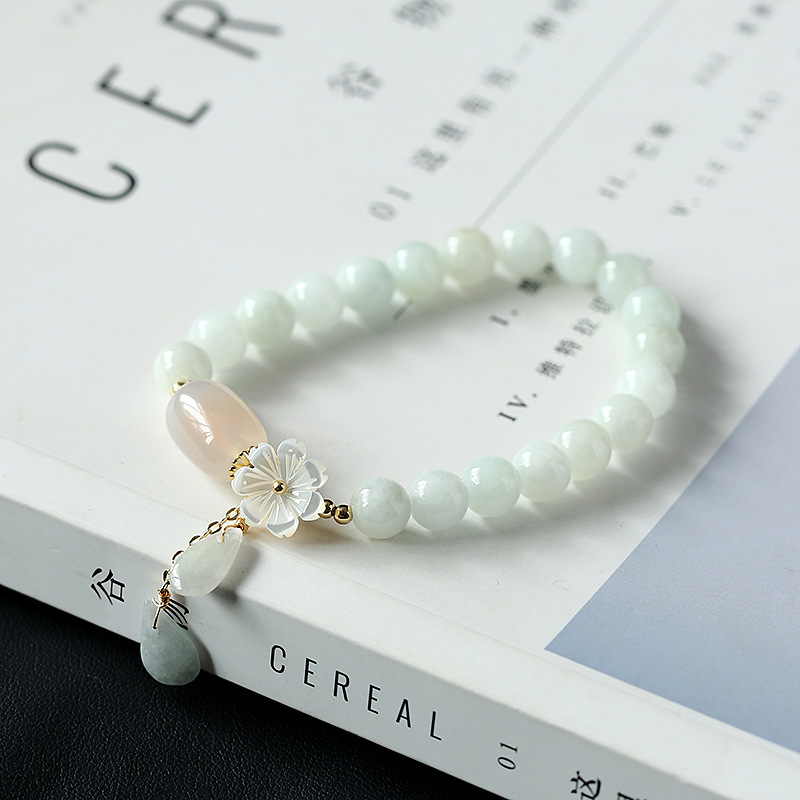 Original High-End Natural Emerald Bracelet 14K Gilded Women's Hanging Natural Shell Flower Jade Droplet Type Bracelet