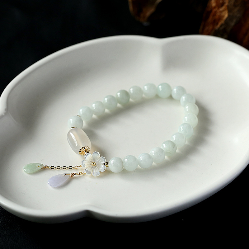 Original High-End Natural Emerald Bracelet 14K Gilded Women's Hanging Natural Shell Flower Jade Droplet Type Bracelet