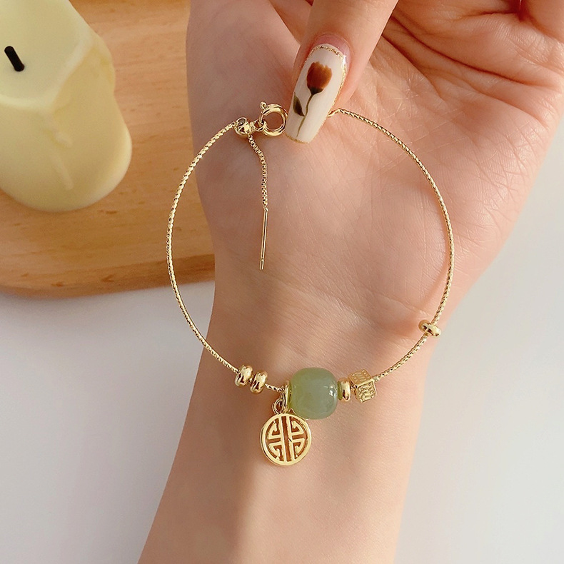 Chinese Style Hetian Jade Bracelet ~ Retro Simple Hollow Wanfu Brand Drawable Adjustable Bracelet Girlfriends Bracelet Chinese Style Hetian Jade Bracelet ~ Retro Simple Hollow Wanfu Brand Drawable Adjustable Bracelet Girlfriends Bracelet