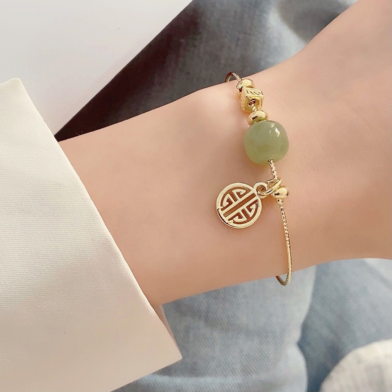 Chinese Style Hetian Jade Bracelet ~ Retro Simple Hollow Wanfu Brand Drawable Adjustable Bracelet Girlfriends Bracelet Chinese Style Hetian Jade Bracelet ~ Retro Simple Hollow Wanfu Brand Drawable Adjustable Bracelet Girlfriends Bracelet