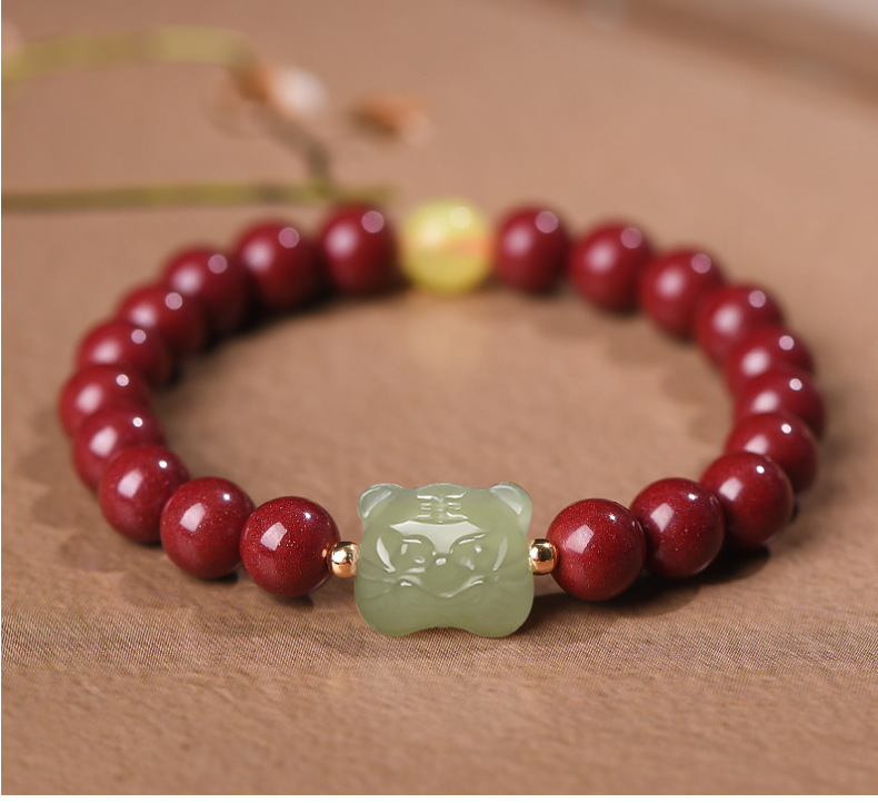 Year of Tiger Year of Fate Bracelet Women's Hetian Jade Chinese Zodiac Tiger Cinnabar Bracelet Ornament Gift Simple and Fresh