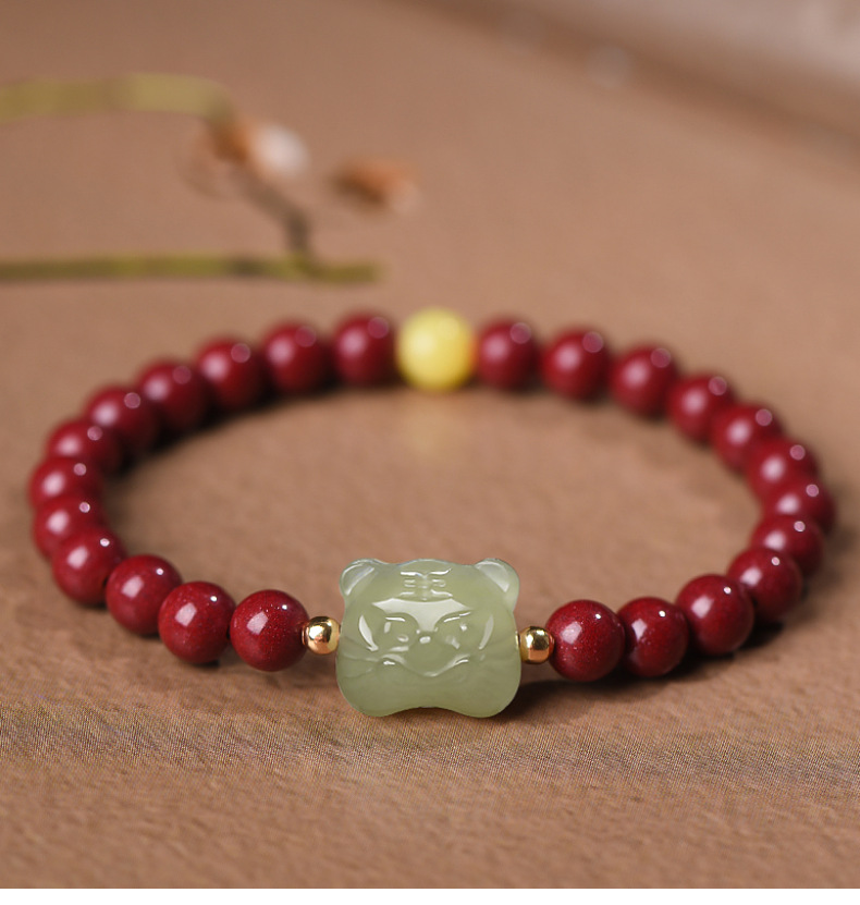 Year of Tiger Year of Fate Bracelet Women's Hetian Jade Chinese Zodiac Tiger Cinnabar Bracelet Ornament Gift Simple and Fresh