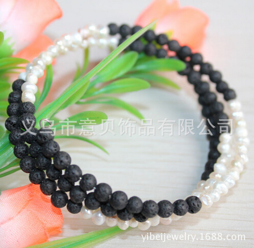 [YiBei Coral] Natural coral stone and pearl beads volcano three ring bracelet