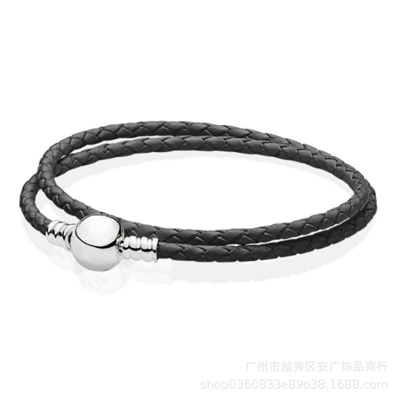 Panjia Sterling Silver Beads Double-Circle Woven Leather Van Pandora &#039;S Bracelet New Leather Rope DIY Bead String Jewelry