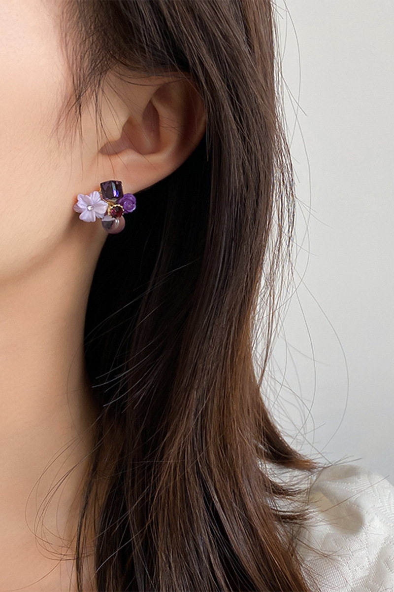 925 Silver Needle Purple Opal Diamond Crystal Flower Earrings South Korea Petite Earrings Mori Style Girlish Heart Ear Studs
