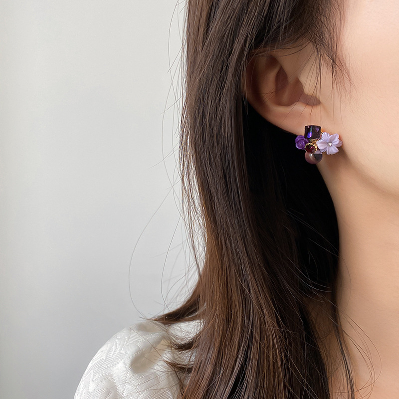 925 Silver Needle Purple Opal Diamond Crystal Flower Earrings South Korea Petite Earrings Mori Style Girlish Heart Ear Studs