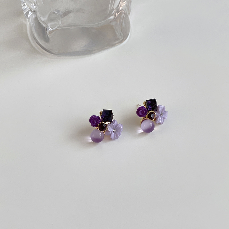 925 Silver Needle Purple Opal Diamond Crystal Flower Earrings South Korea Petite Earrings Mori Style Girlish Heart Ear Studs