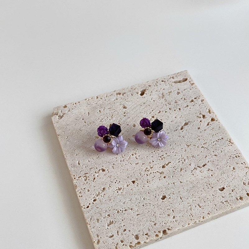925 Silver Needle Purple Opal Diamond Crystal Flower Earrings South Korea Petite Earrings Mori Style Girlish Heart Ear Studs