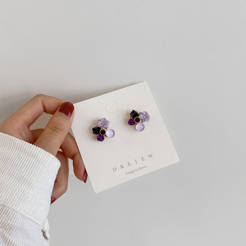 925 Silver Needle Purple Opal Diamond Crystal Flower Earrings South Korea Petite Earrings Mori Style Girlish Heart Ear Studs