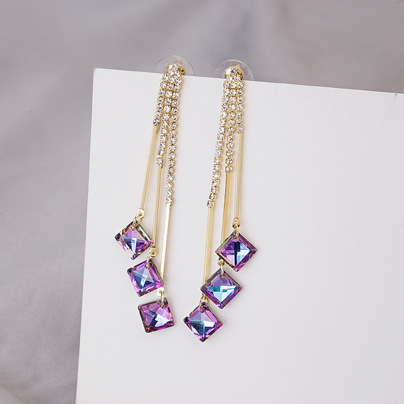 Korean Dongdaemun Same Product Earrings Beauty Fairy Temperamental All-Matching Long Purple Crystal Tassel Slim Face Earrings
