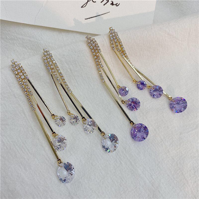 Korean Dongdaemun Same Product Earrings Beauty Fairy Temperamental All-Matching Long Purple Crystal Tassel Slim Face Earrings