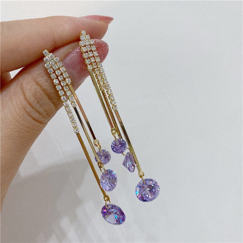 Korean Dongdaemun Same Product Earrings Beauty Fairy Temperamental All-Matching Long Purple Crystal Tassel Slim Face Earrings