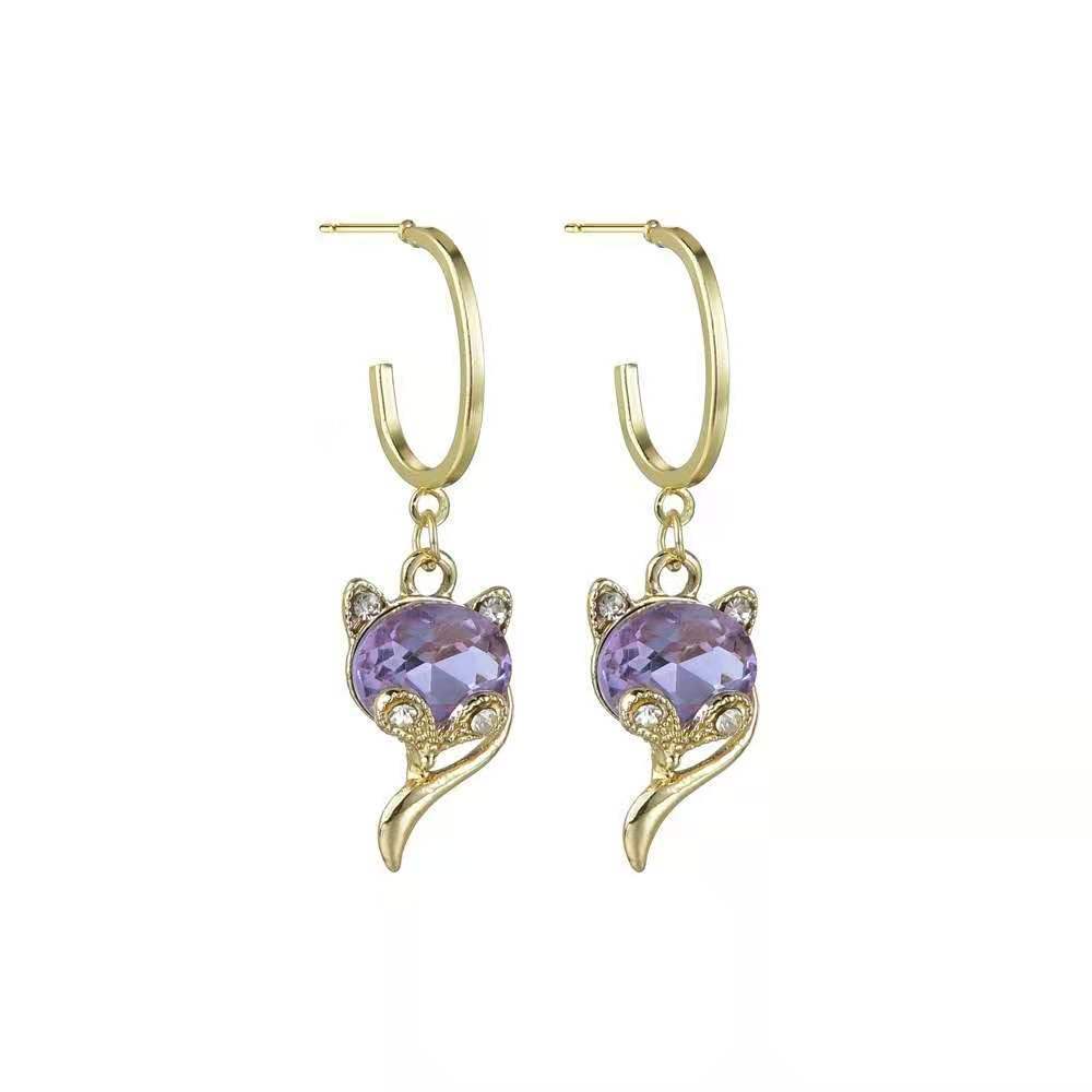 Amethyst Linghu Stud Earrings Crystal Charming Fox Sterling Silver Needle Purple Female Temperament New Fashion Freshess Earrings
