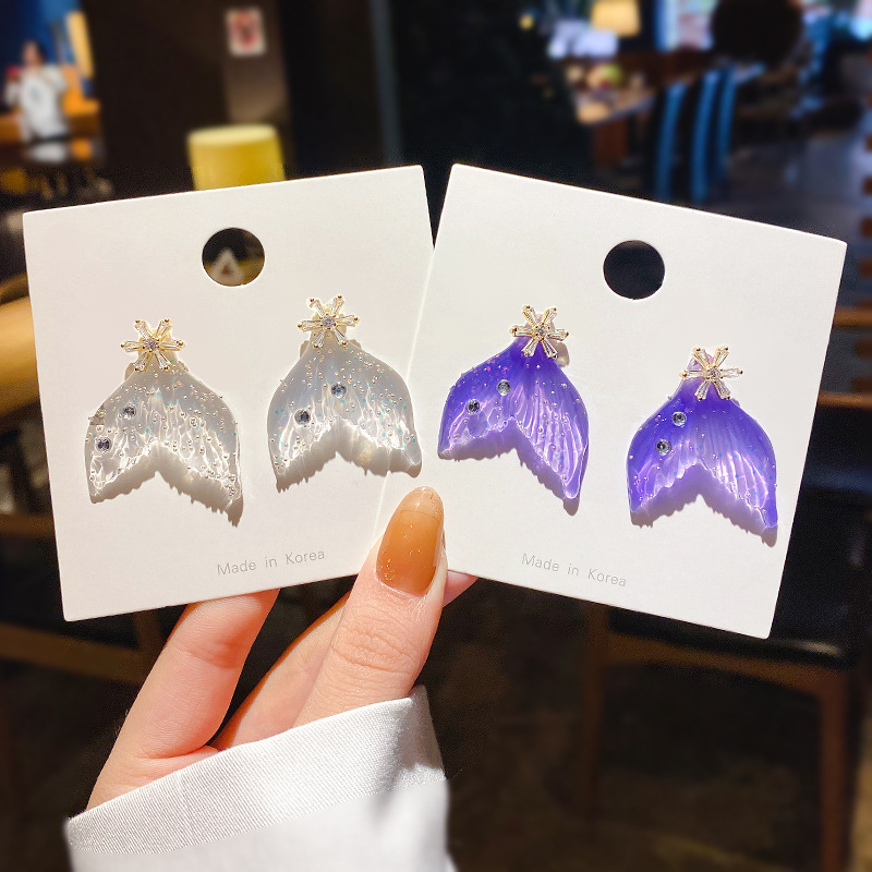 Sterling Silver Needle Korean Style Personalized Crystal Clear Fishtail Earrings Dream Purple Colorful Temperament Popular High-Grade Earrings