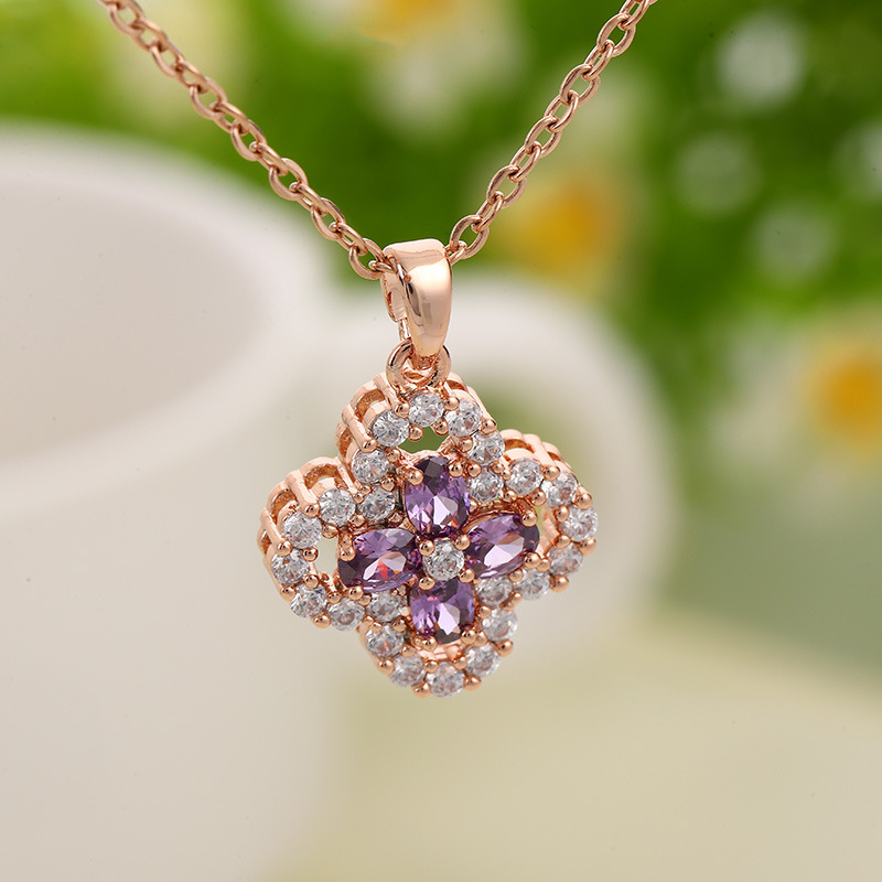 New Style Micro-Inlaid Purple Crystal Flowers Titanium Steel Necklace Women's Elegant Diamond-Embedded Clover Clavicle Chain Ornament
