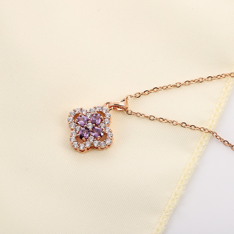 New Style Micro-Inlaid Purple Crystal Flowers Titanium Steel Necklace Women's Elegant Diamond-Embedded Clover Clavicle Chain Ornament