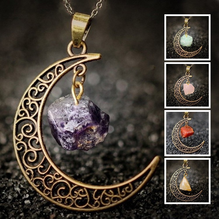 and America Cross Border Jewelry AliExpress Ornament Natural Stone Crystal Necklace Vintage Moon Alloy Sweater Chain