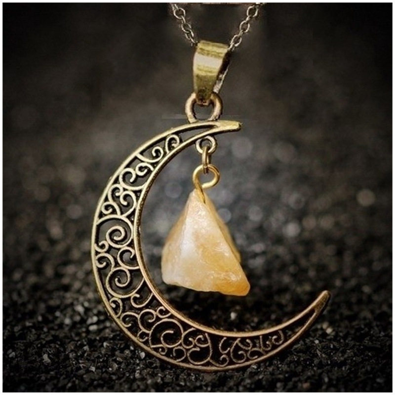 and America Cross Border Jewelry AliExpress Ornament Natural Stone Crystal Necklace Vintage Moon Alloy Sweater Chain