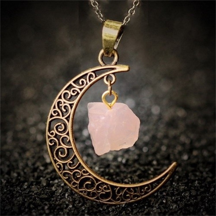 and America Cross Border Jewelry AliExpress Ornament Natural Stone Crystal Necklace Vintage Moon Alloy Sweater Chain