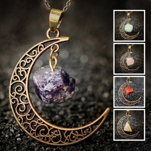 and America Cross Border Jewelry AliExpress Ornament Natural Stone Crystal Necklace Vintage Moon Alloy Sweater Chain